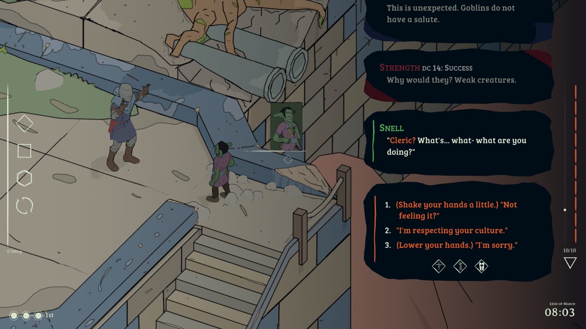 Esoteric Ebb dialogue system showing stat-based internal voices and multiple conversation choices with Snell