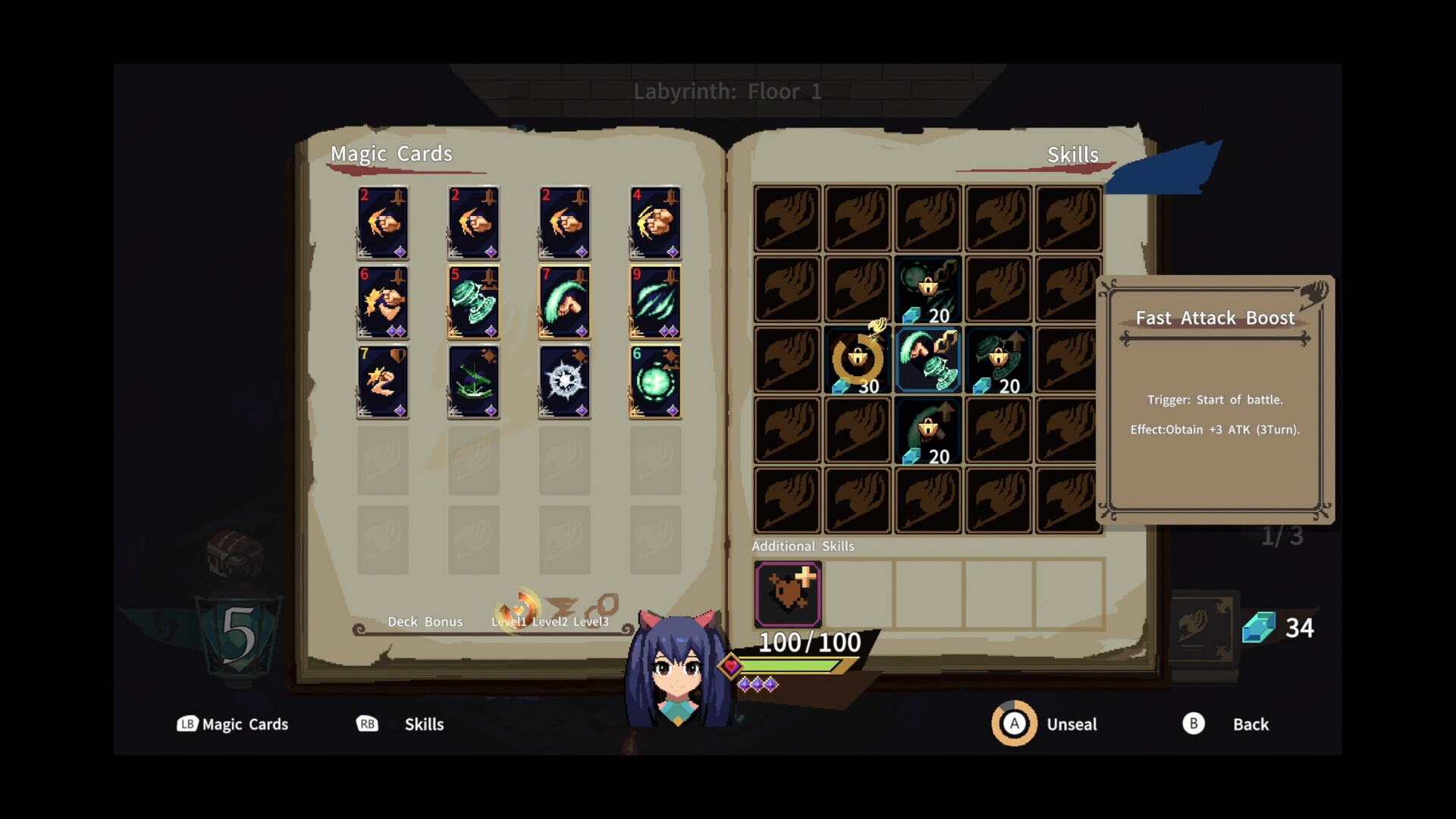 Fairy Tail Dungeons card combat gameplay showing Natsu fighting enemies