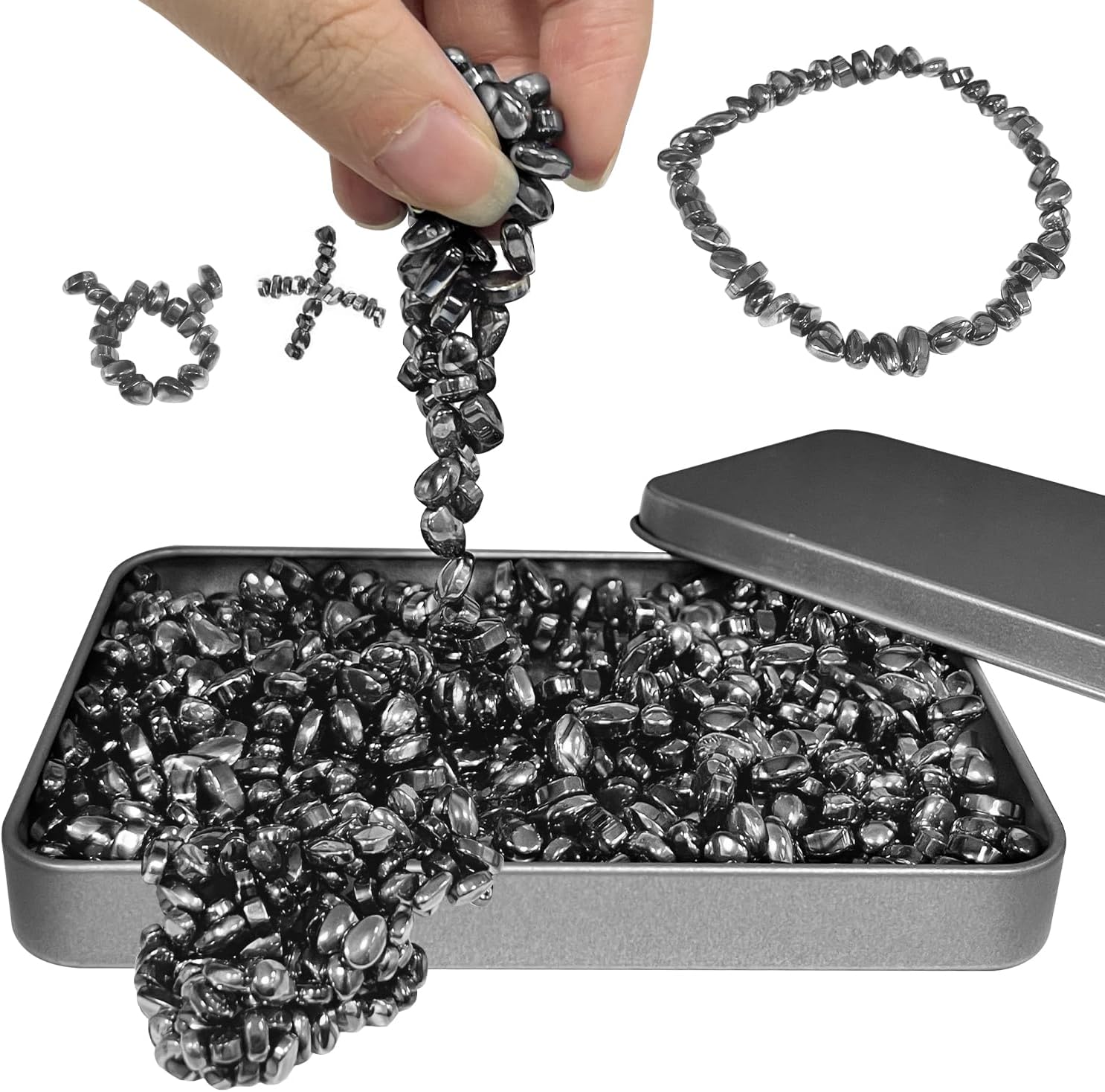 Ferrite magnetic putty stones flowing out of a metal tin