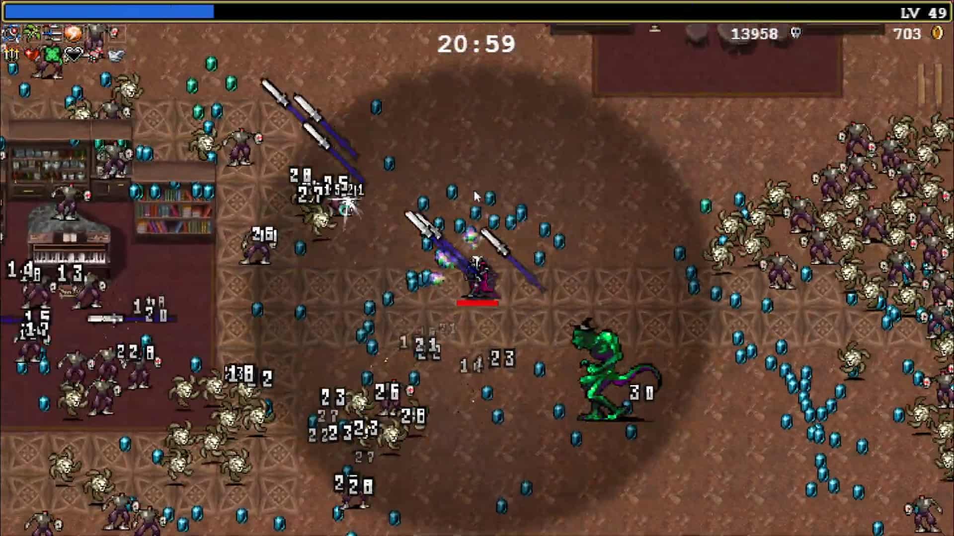 Game screenshot showing hundreds of enemy units swarming on screen, illustrating the 1000 unit mobile optimization challenge