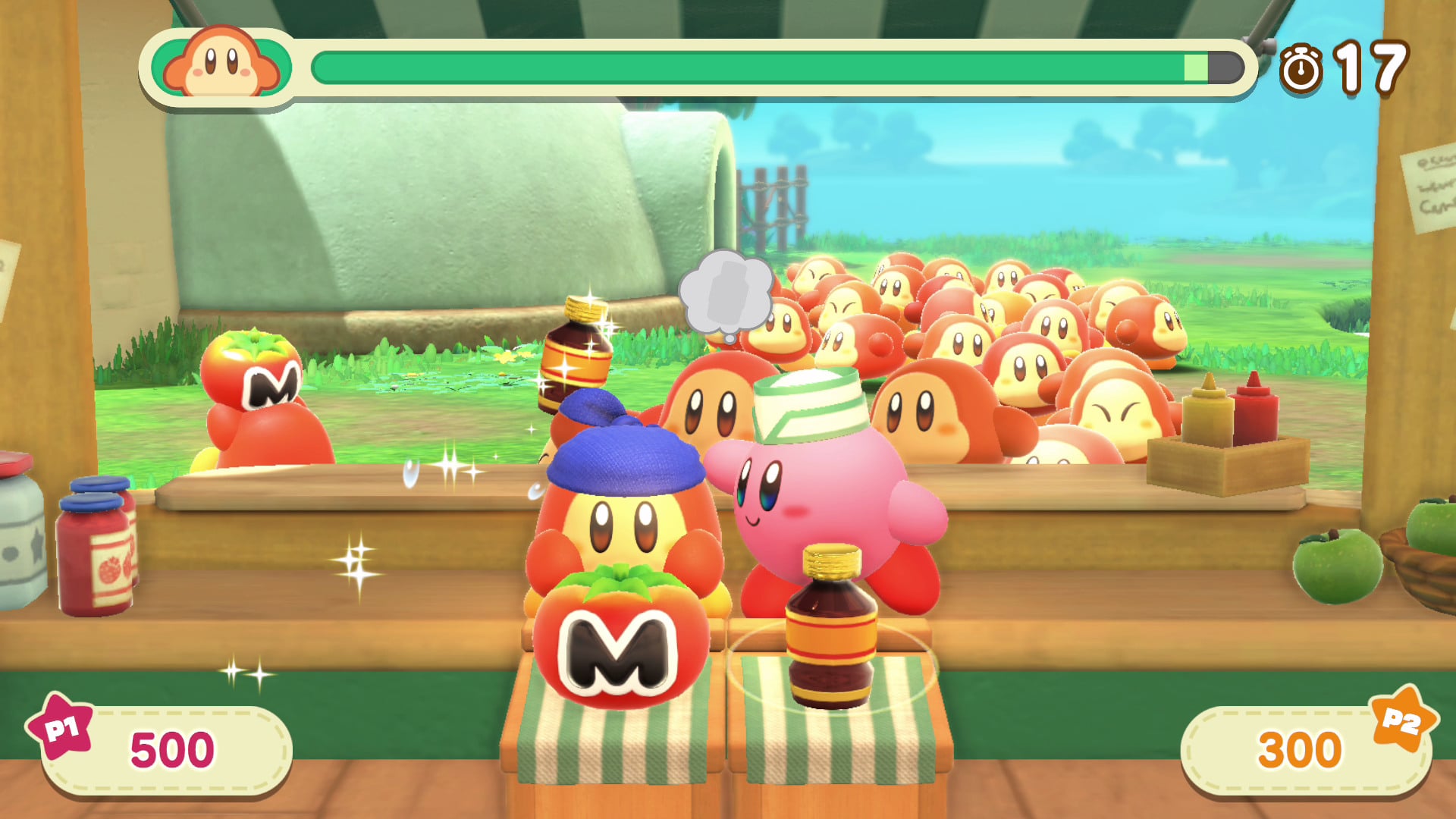 Kirby and the Forgotten Land co-op gameplay showing Kirby and Bandana Waddle Dee playing together