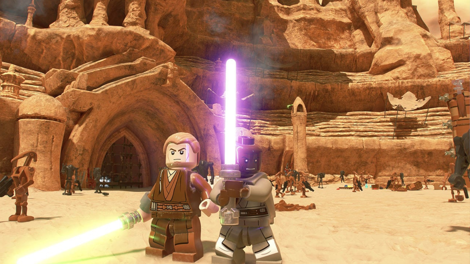 LEGO Star Wars The Skywalker Saga co-op gameplay showing two characters in a Star Wars scene