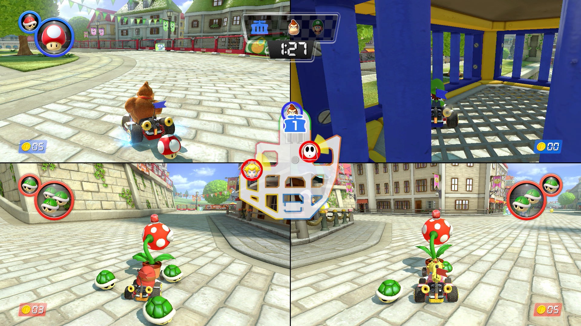 Mario Kart 8 Deluxe split screen gameplay showing two players racing