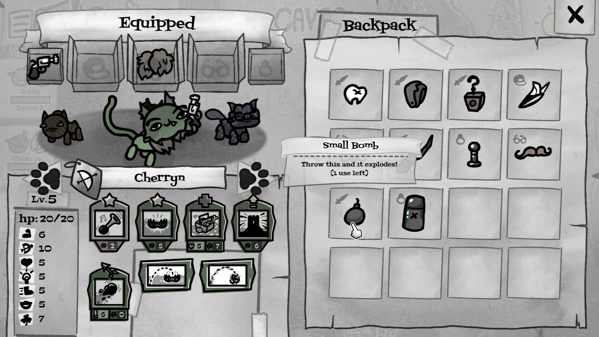 Mewgenics equipment screen showing a cat with equipped items and backpack inventory