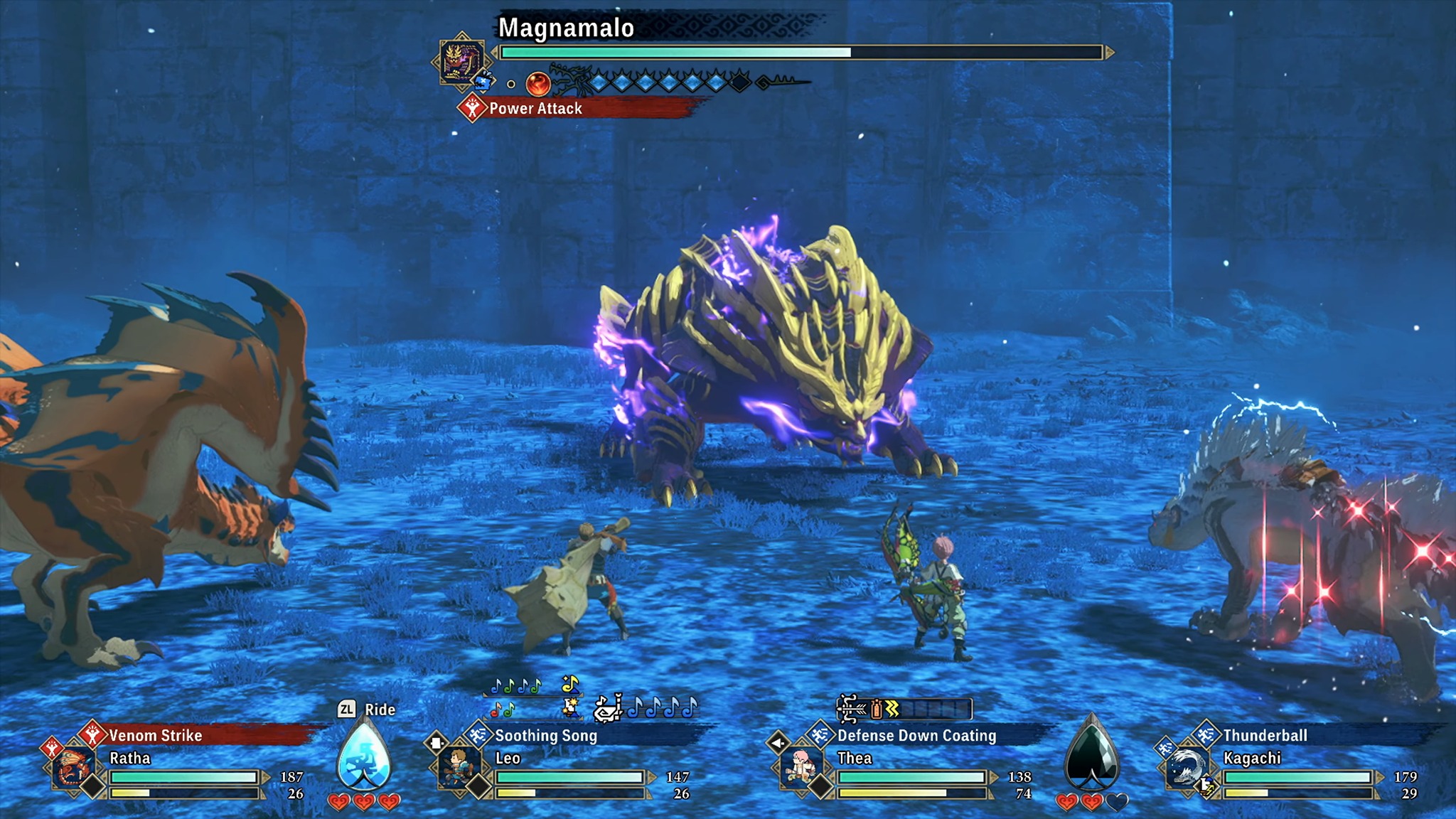 Monster Hunter Stories 3 monsties fighting Magnamalo in combat showing the battle UI