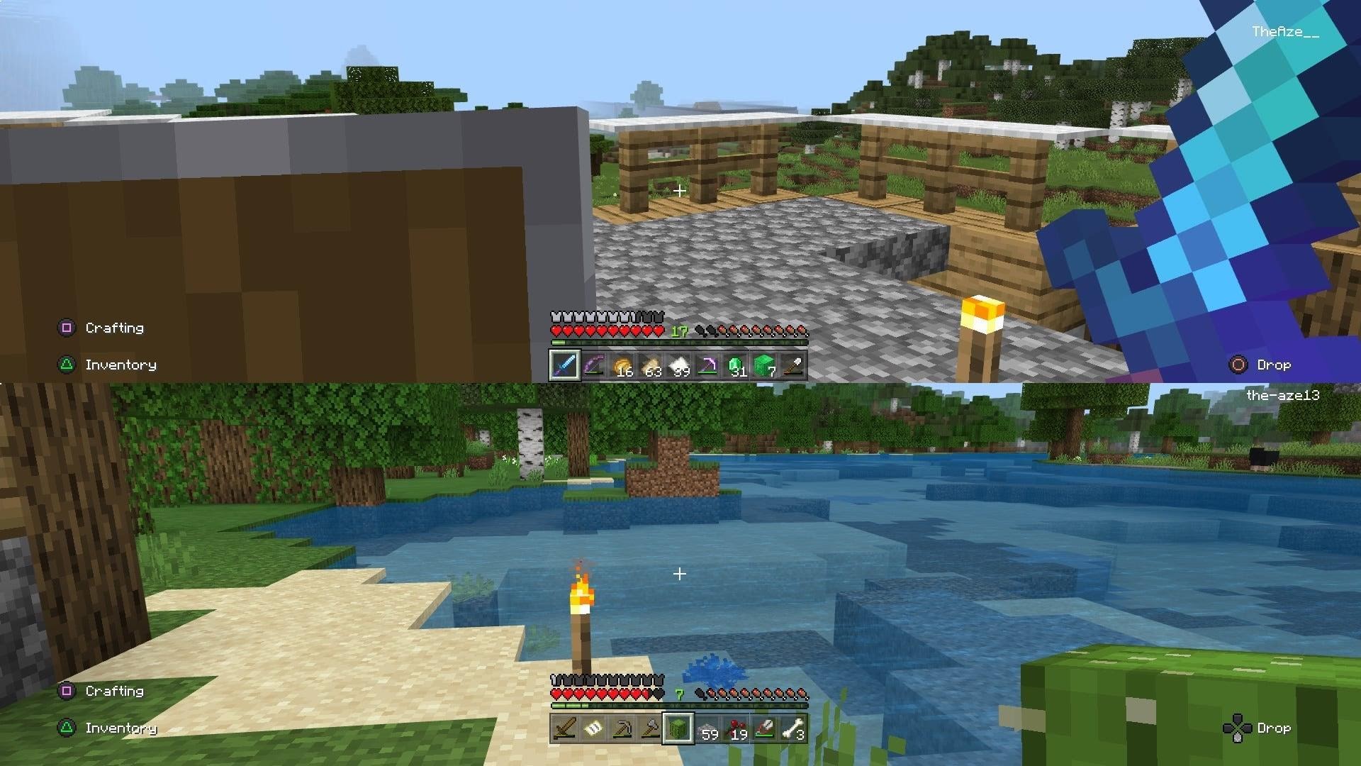 Minecraft split screen co-op gameplay showing two players building together