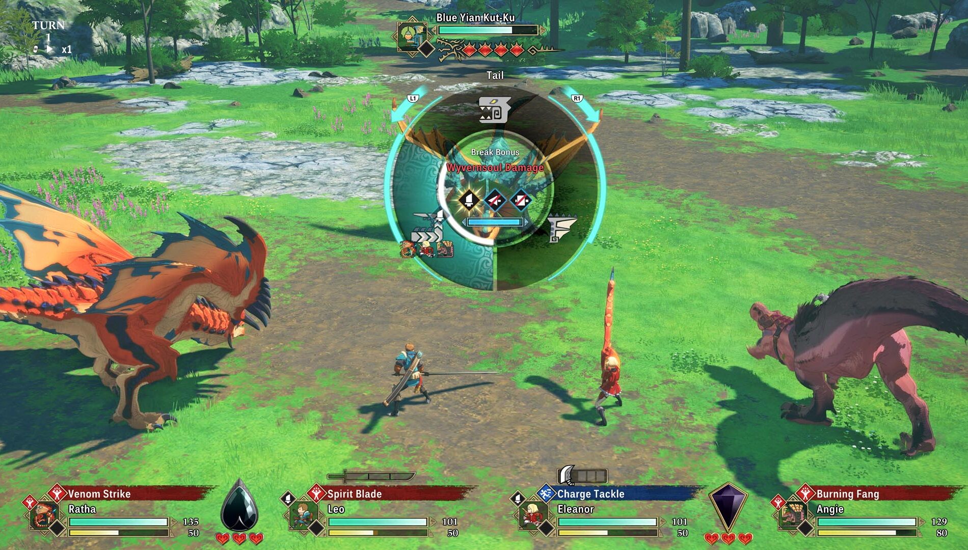 Monster Hunter Stories 3 combat system showing the battle UI with attack wheel and Monsties