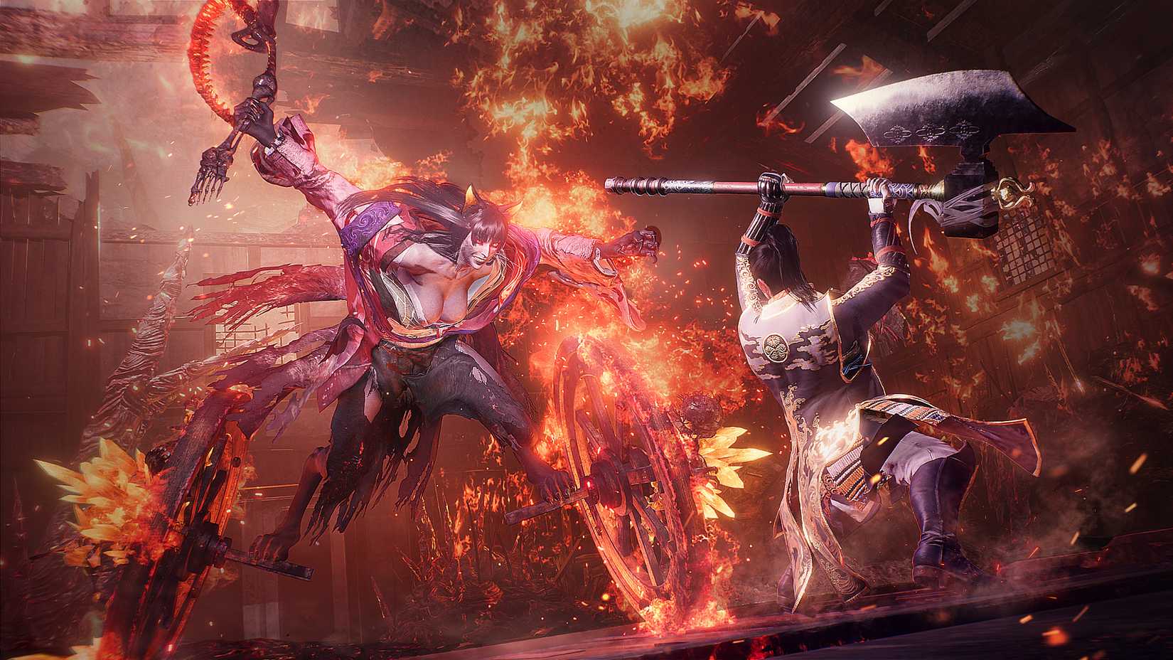 Nioh 3 Kasha boss fight with fire Yokai attacking player wielding a polearm