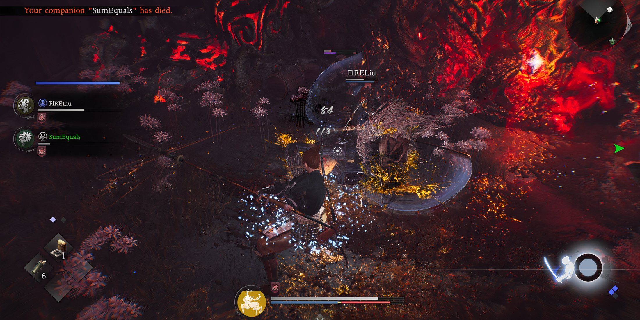 Nioh 3 multiplayer co-op battle against a Yokai in a red Yokai Realm zone