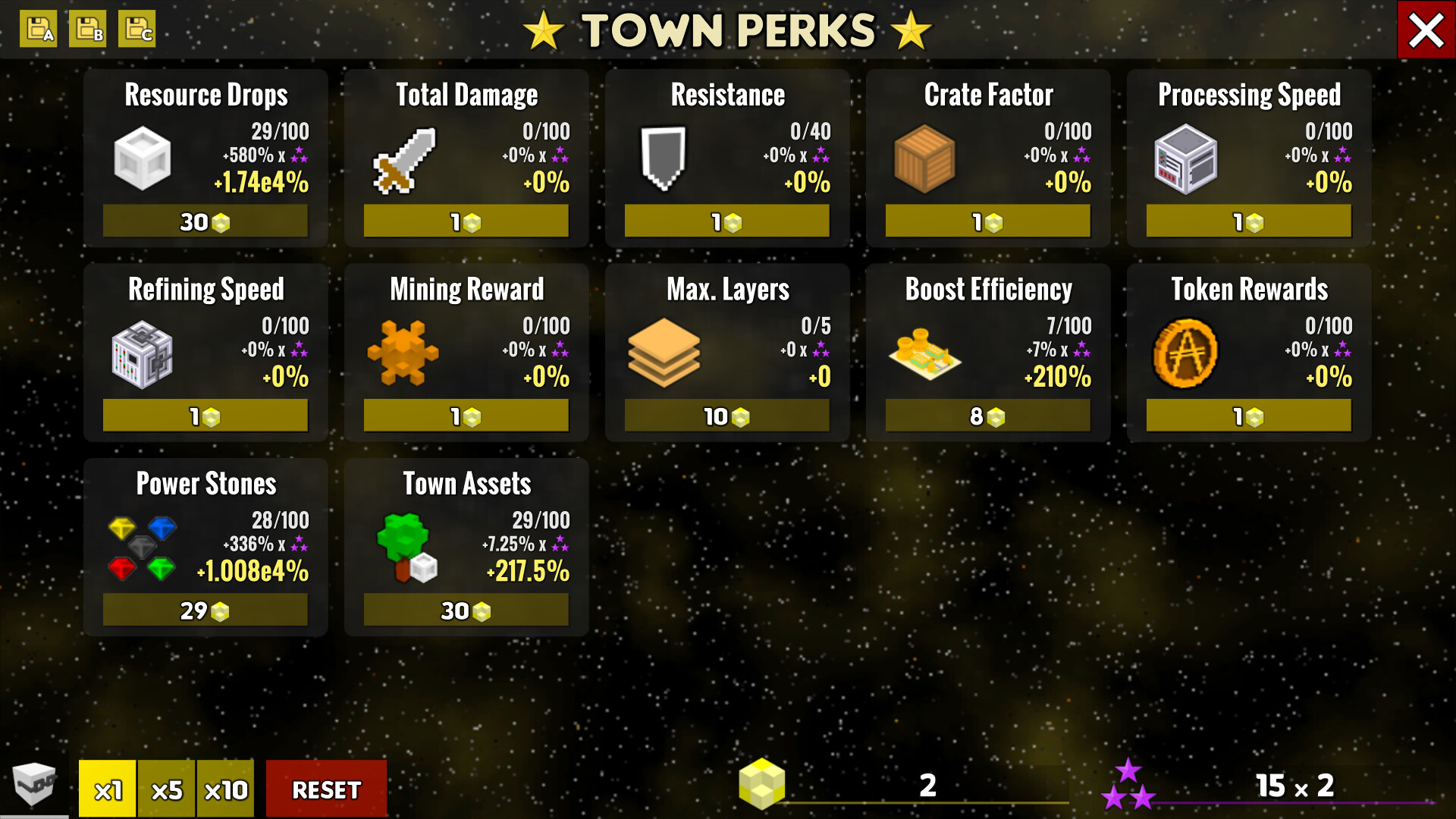 Perfect Tower II Town Perks screen showing upgrades like Resource Drops and Total Damage