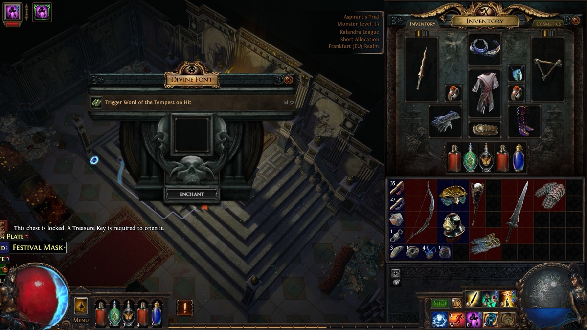 Path of Exile Divine Font interface in the Labyrinth where players get transfigured gems