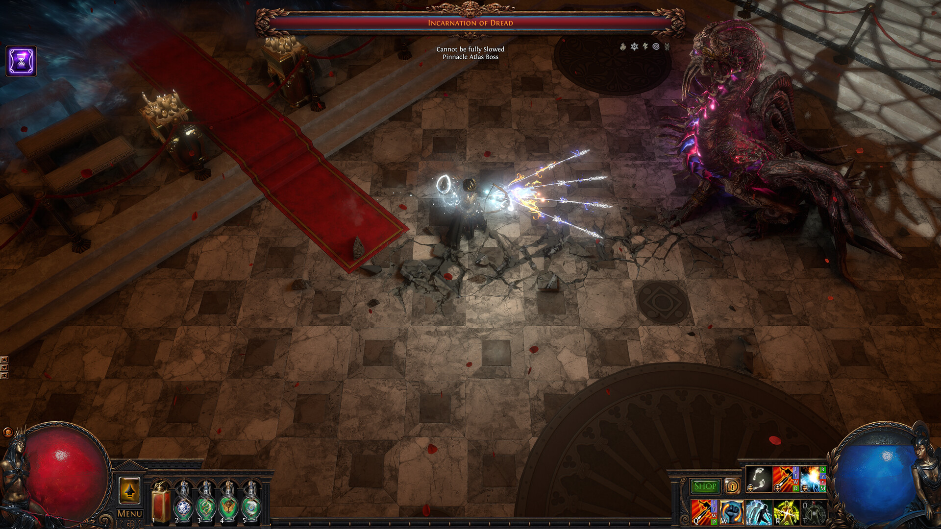 Path of Exile endgame boss encounter showing combat effects