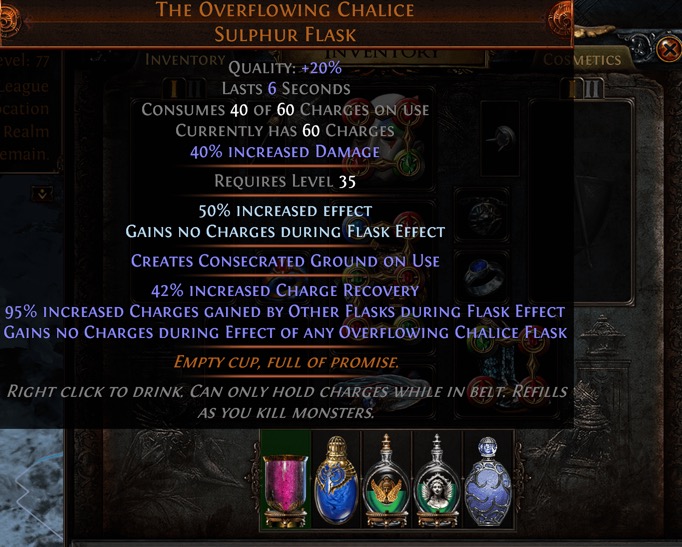 Path of Exile flask with Enkindling Orb increased effect enchantment and Gains no Charges text