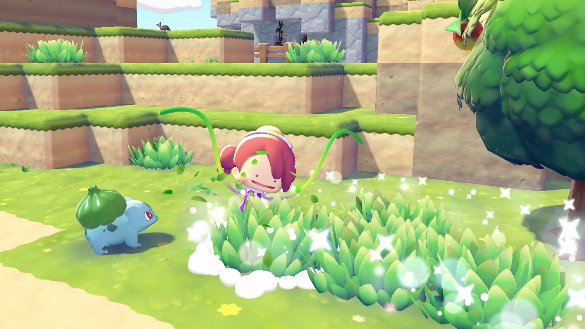 Pokemon Pokopia player character landscaping with Bulbasaur on a custom-built island