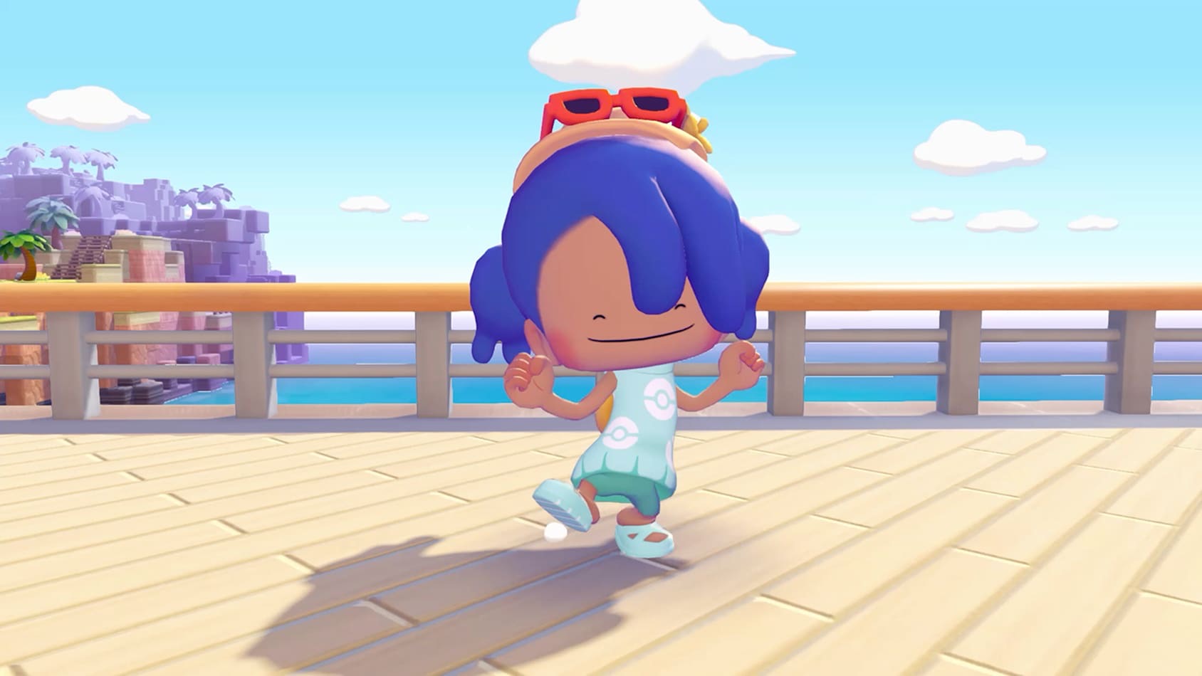 Pokopia Ditto in human form walking on a boardwalk with islands in the background