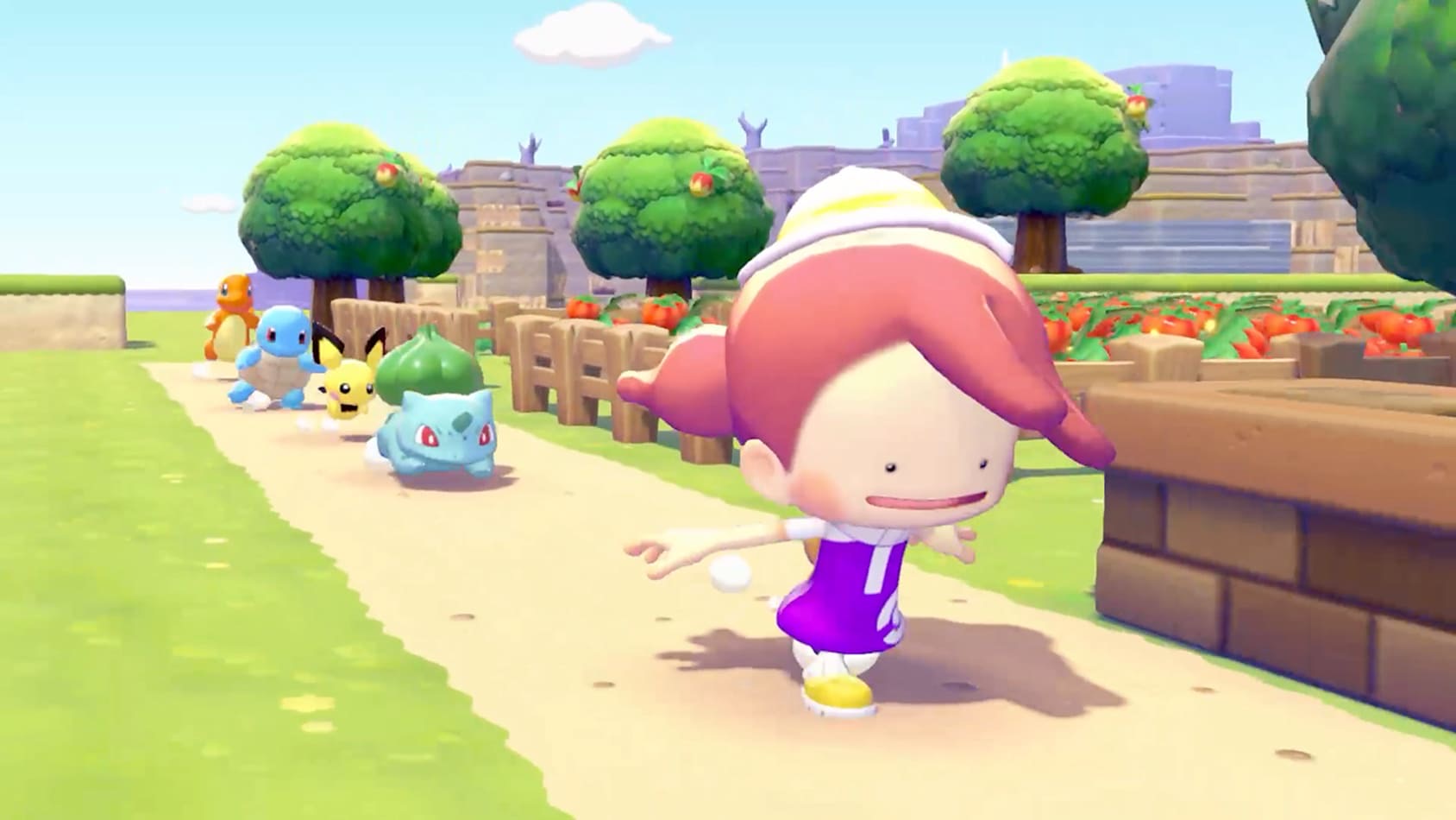 Pokopia Ditto walking with Bulbasaur Squirtle Pichu and Charmander through a garden area