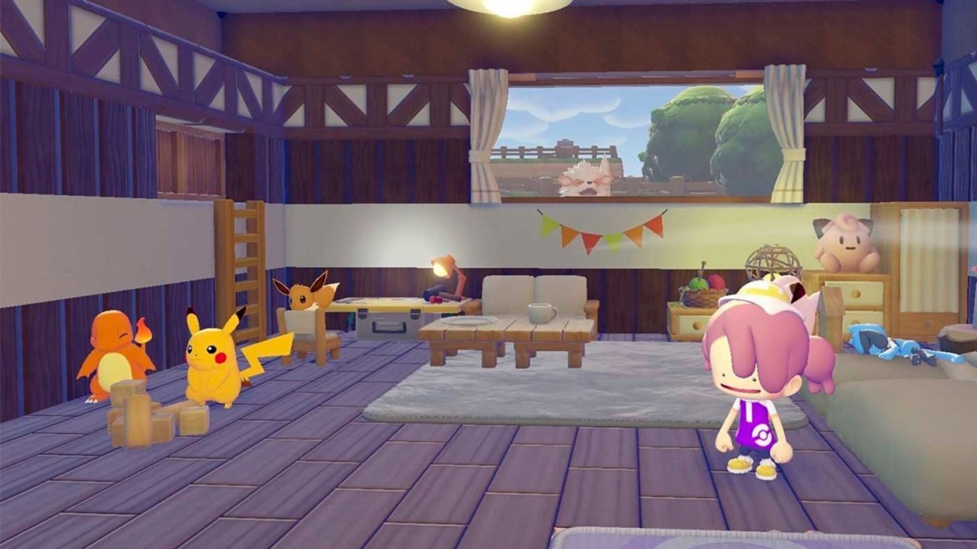 Pokemon Pokopia house interior with Charmander, Pikachu, and Eevee surrounded by furniture and decorations
