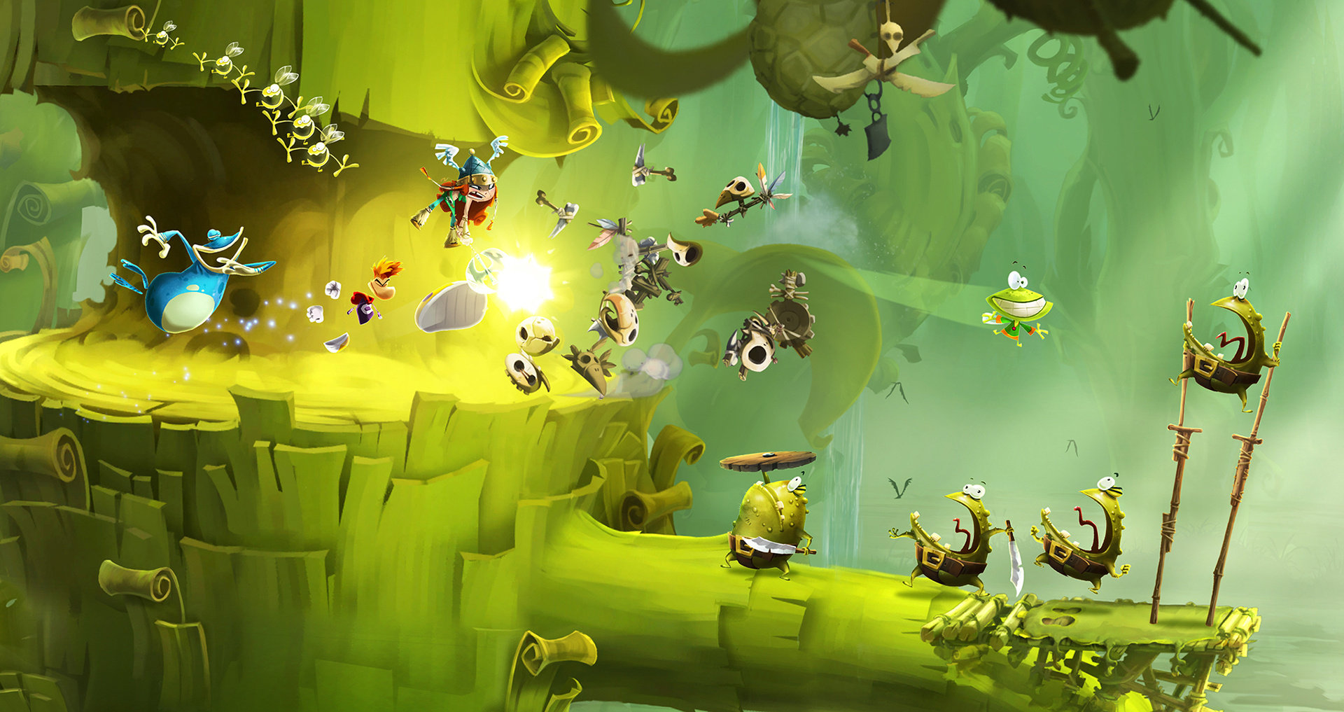 Rayman Legends co-op gameplay showing multiple characters running through a vibrant level