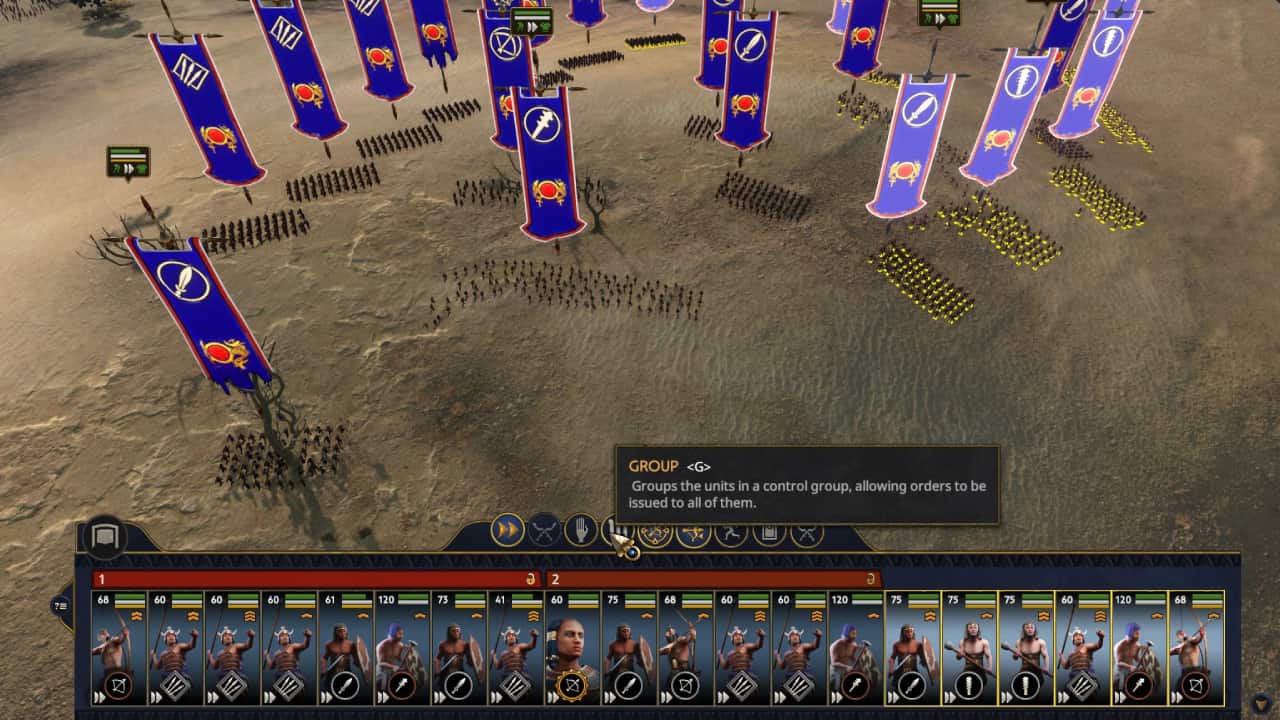 RTS unit formations showing grouped armies with formation banners and control groups in a large-scale battle