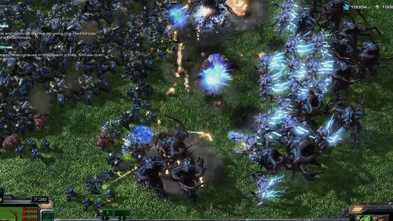 RTS combat system with multiple unit groups engaging targets simultaneously in a large-scale battle