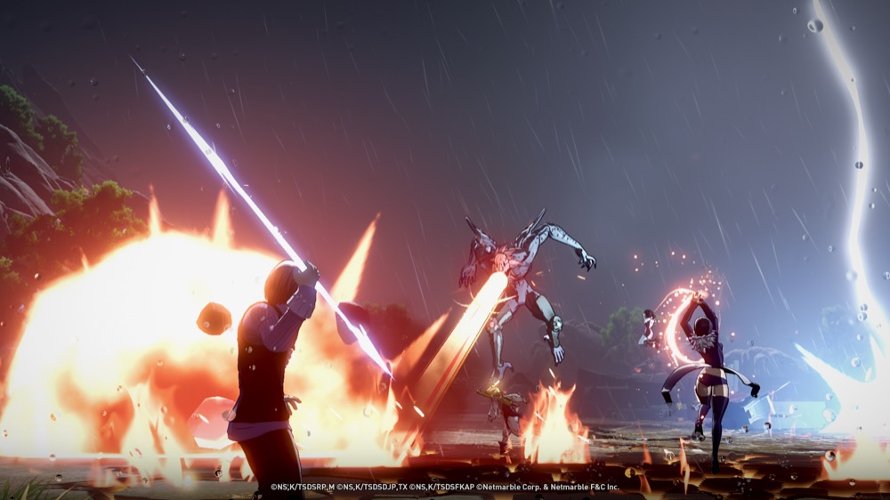 Seven Deadly Sins Origin boss combat showing elemental burst effects and team attacks