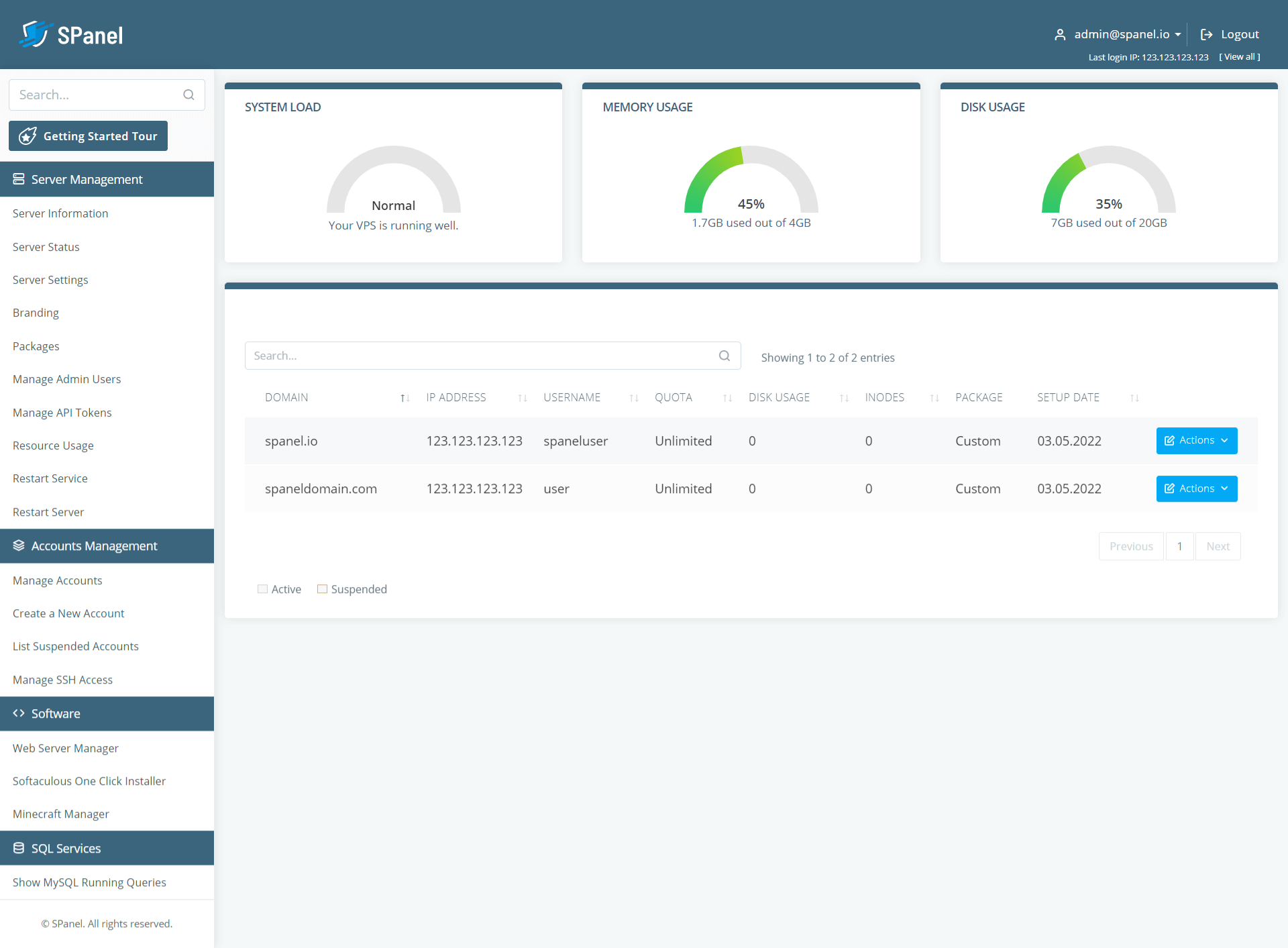 ScalaHosting SPanel admin dashboard showing server management, resource monitoring, and account management interface