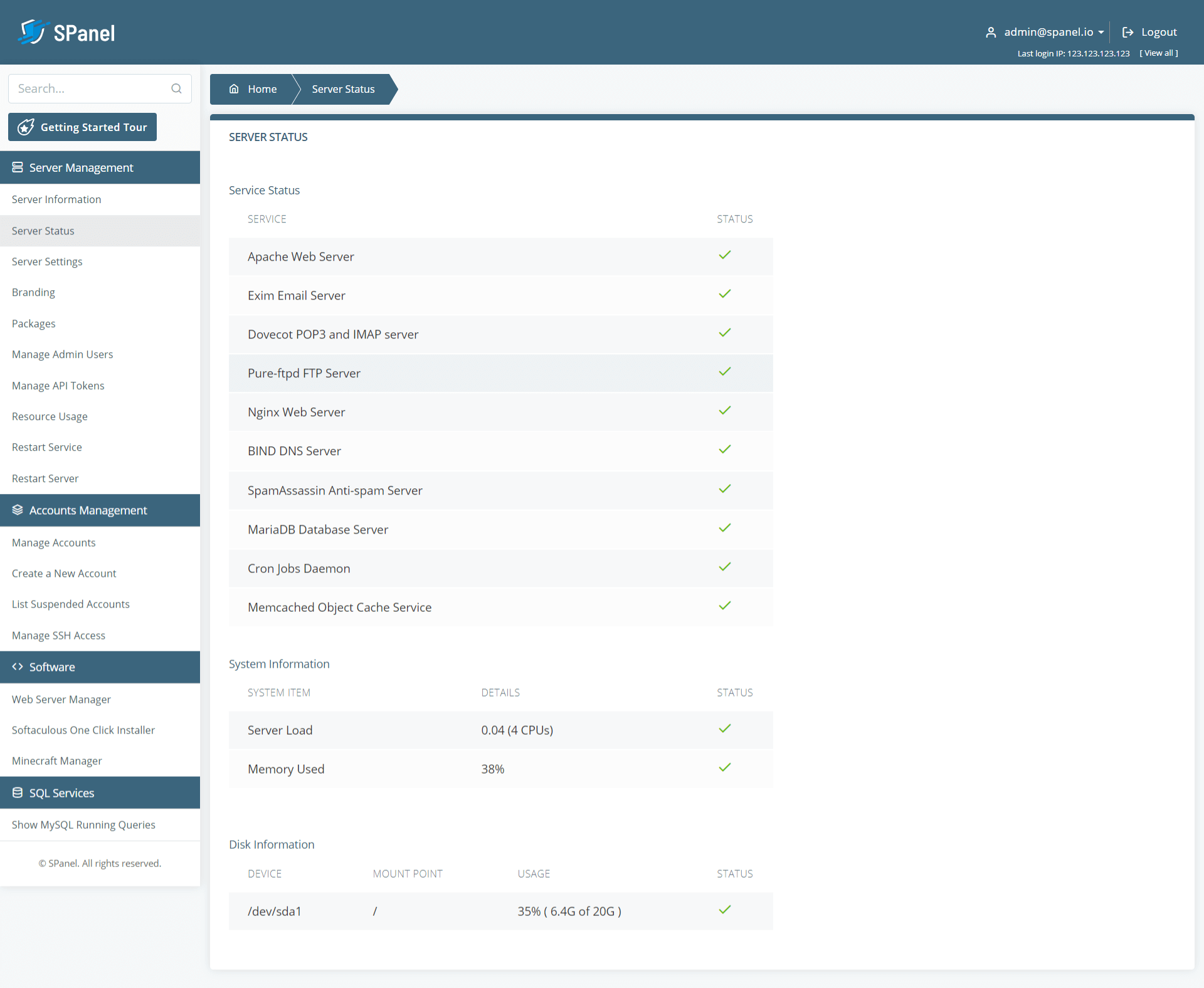 ScalaHosting SPanel server status page showing real-time service monitoring for Apache, MySQL, and other services