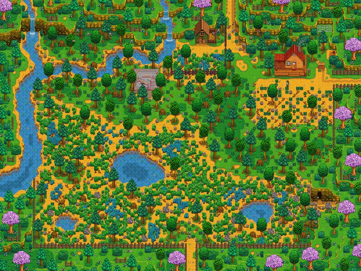 Stardew Valley Meadowlands Farm layout with blue grass and animals