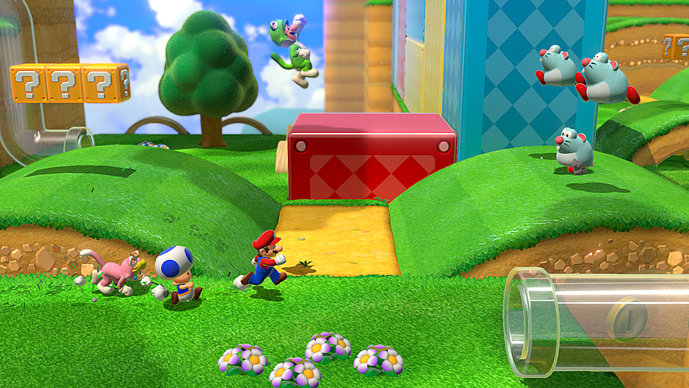 Super Mario 3D World multiplayer gameplay with four characters running through a colorful level