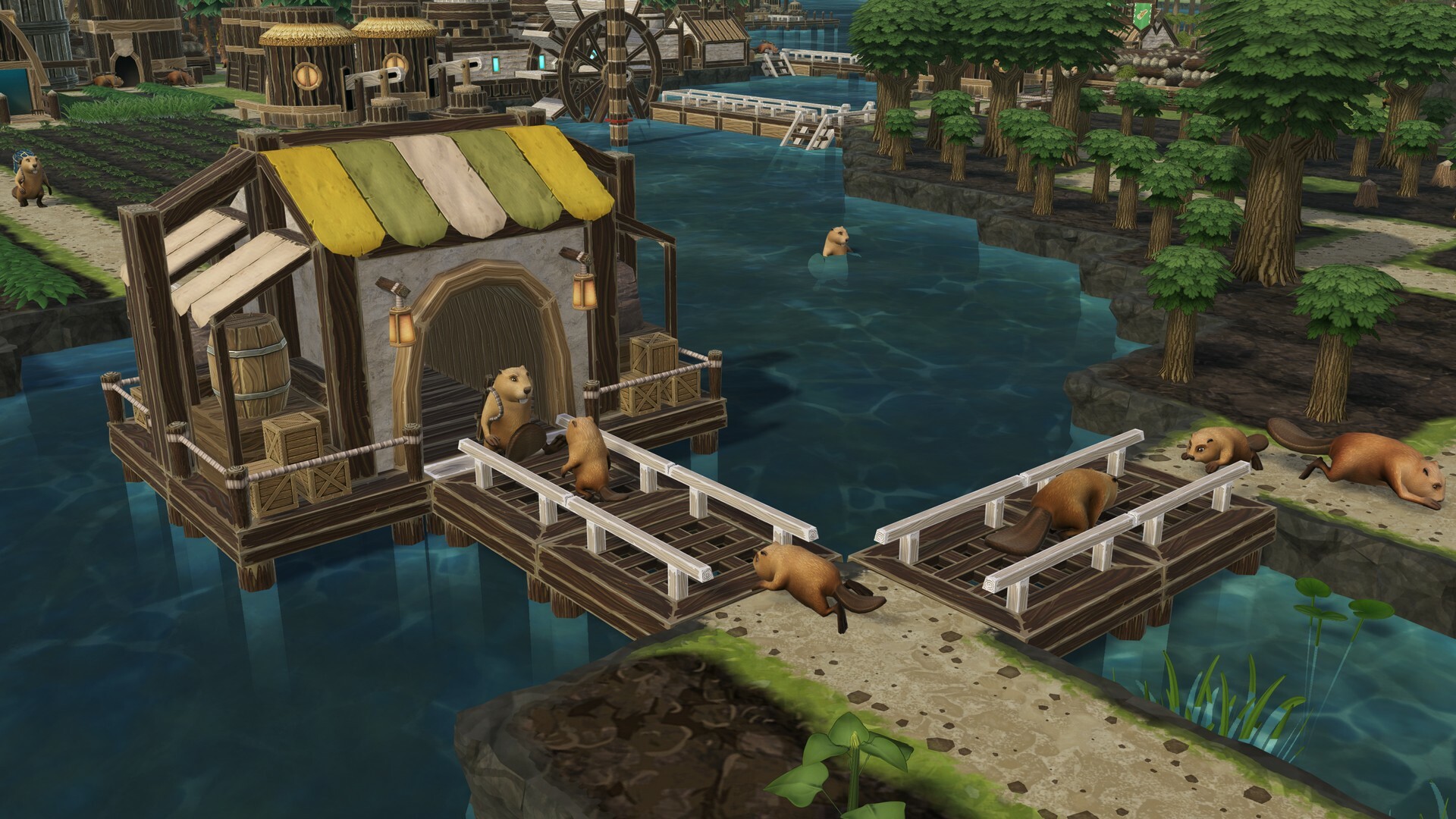 Timberborn beaver colony with water wheel and swimming beavers