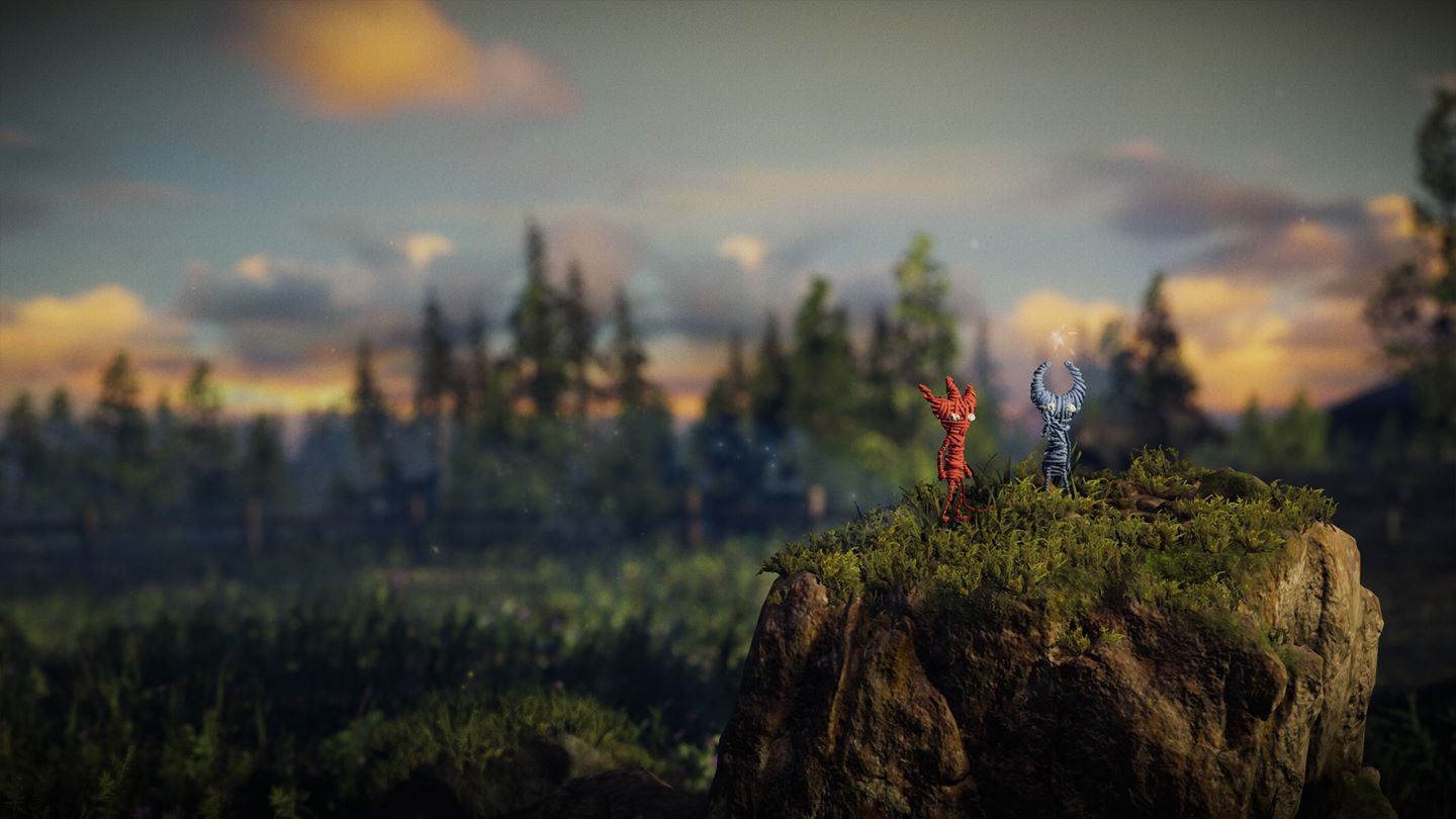 Unravel Two gameplay showing two yarn characters connected by a thread working together