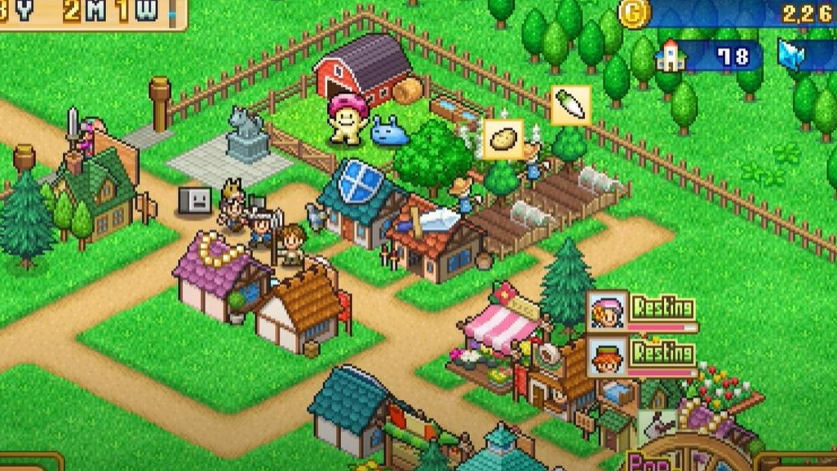 Dungeon Village 2 Kairosoft pixel art town with adventurers