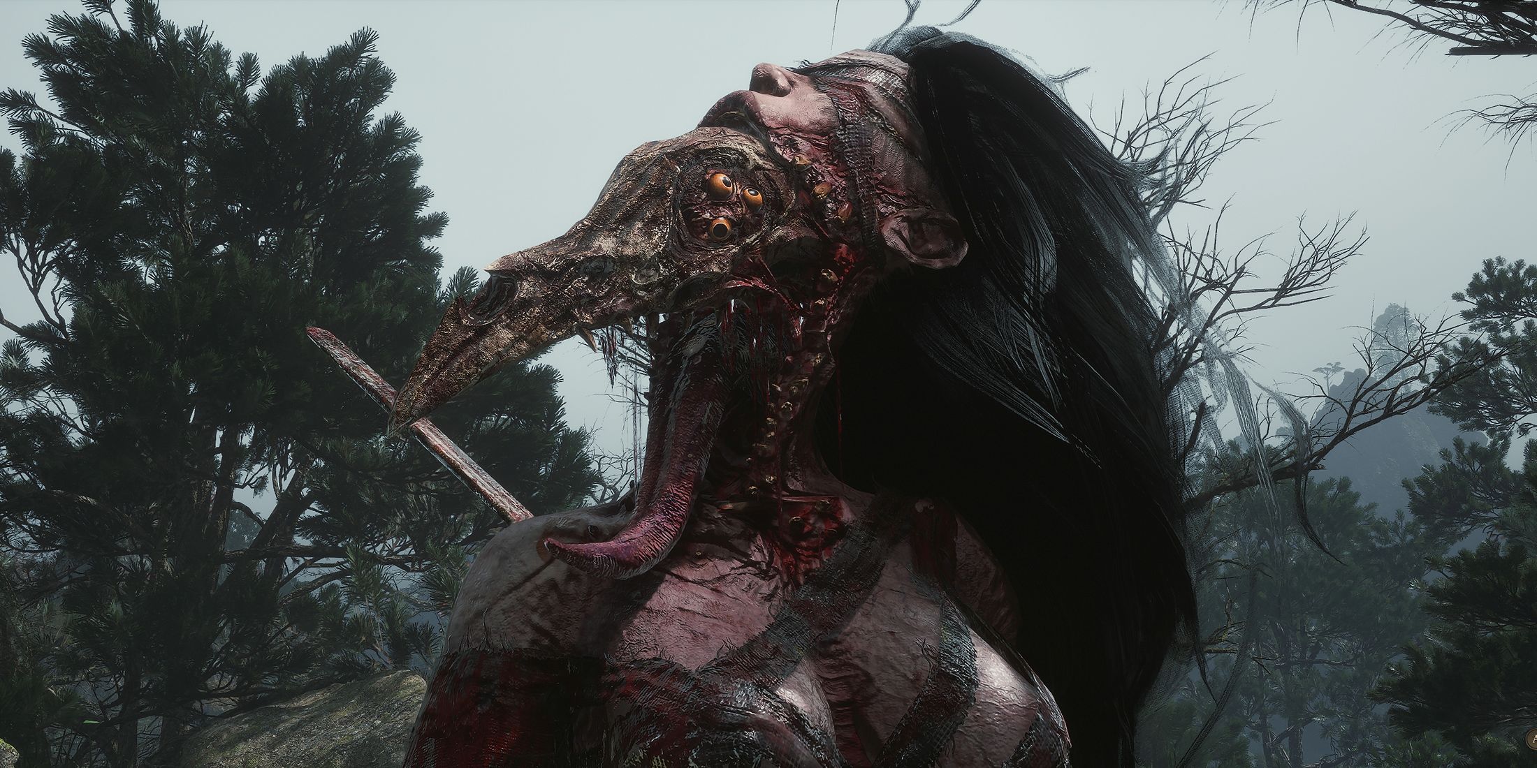 Wuchang Fallen Feathers boss creature with elongated skull and exposed flesh in a misty forest
