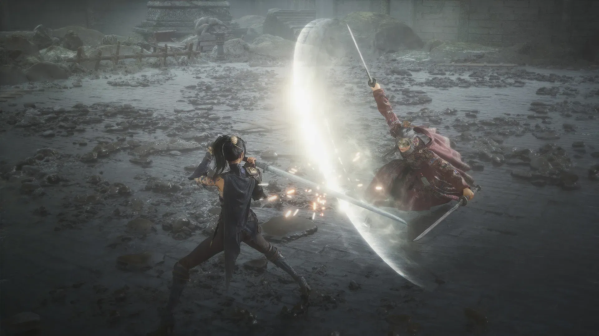 Wuchang Fallen Feathers longsword combat against an armored enemy
