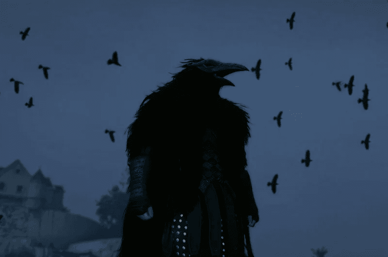 Crimson Desert Blackwing leather armor with crow mask silhouette and flying crows