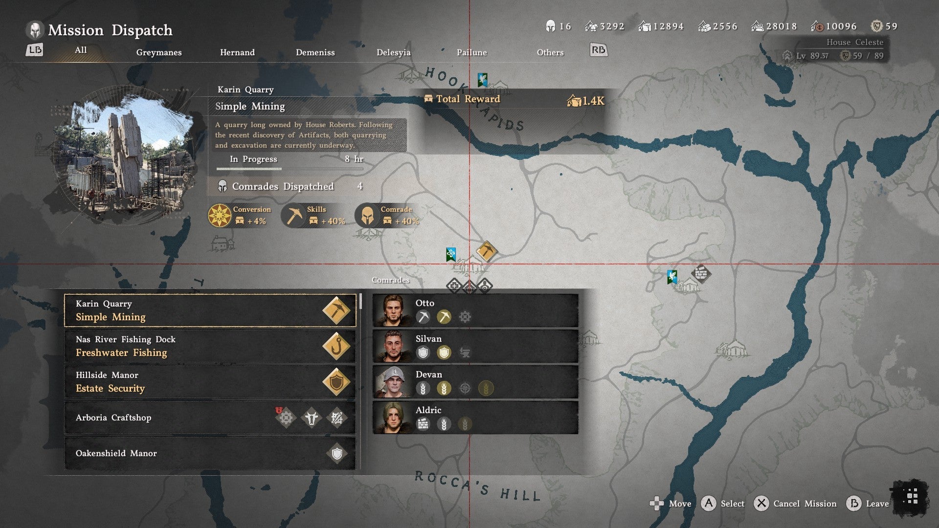 Crimson Desert Mission Dispatch menu UI showing available missions and comrades