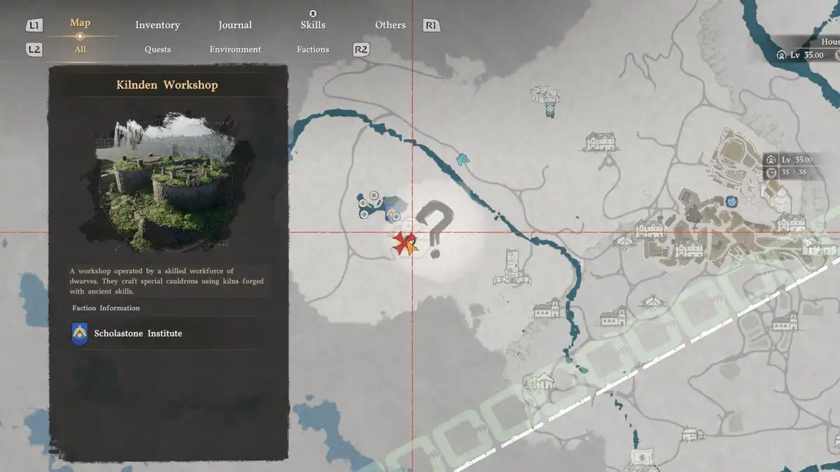 Kilnden Workshop map location in Crimson Desert showing Scholastone Institute faction