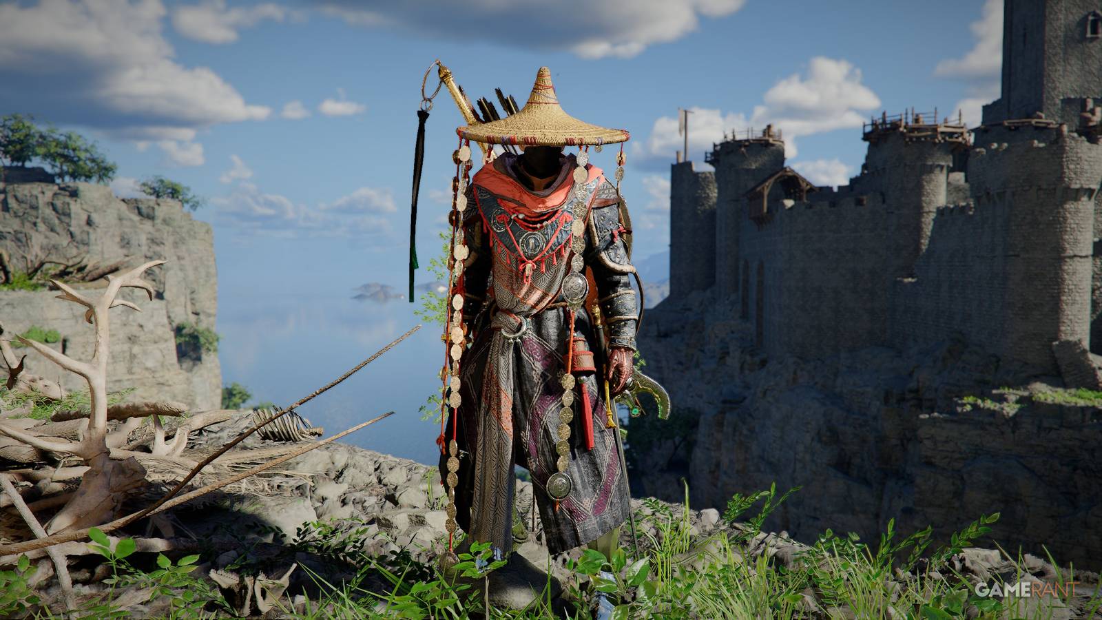Crimson Desert Skyblazer armor set with Japanese ronin straw hat and red ornate details