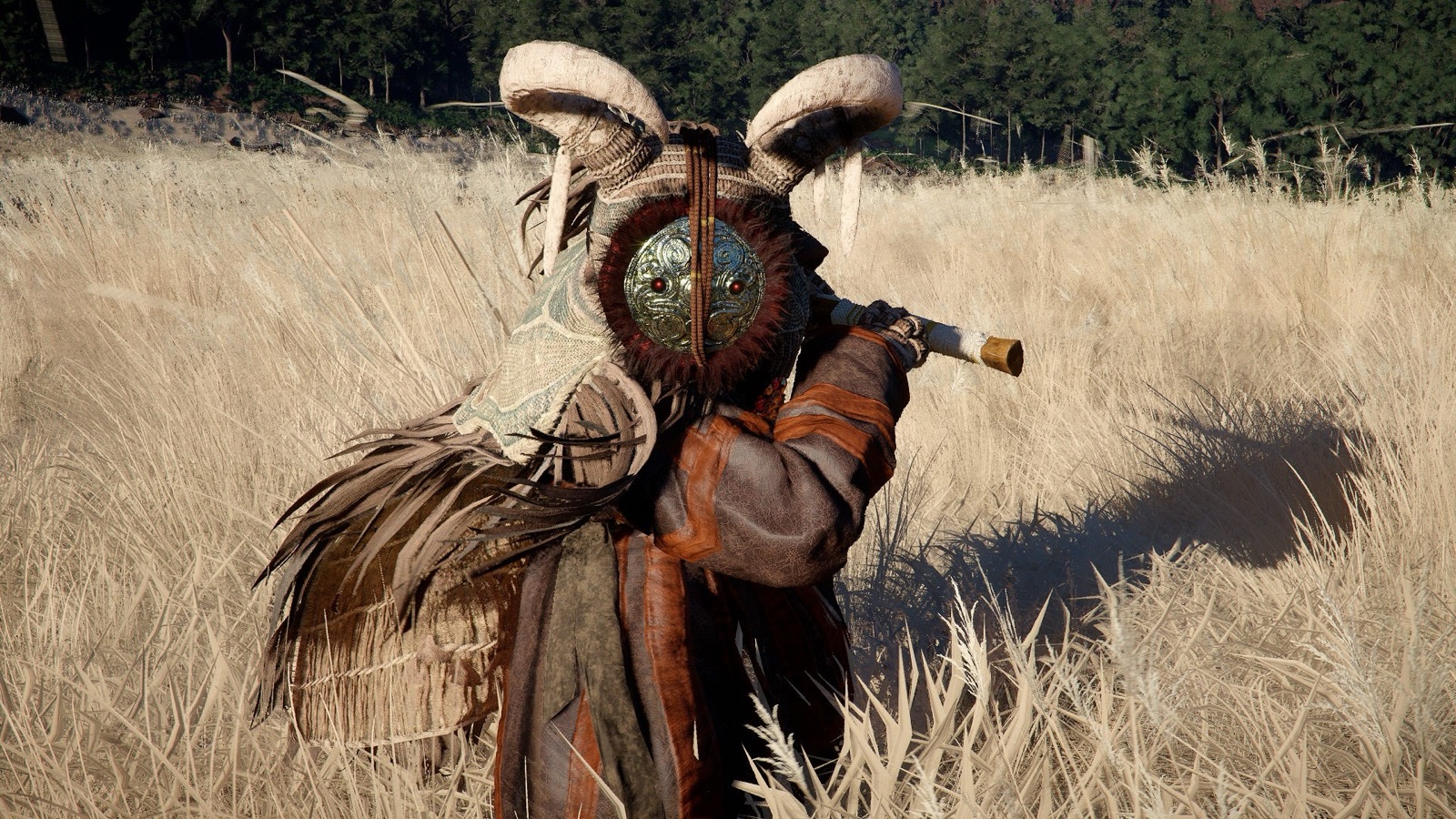 Crimson Desert Sunset Reed armor with horned mask and feathered cloak in grassland