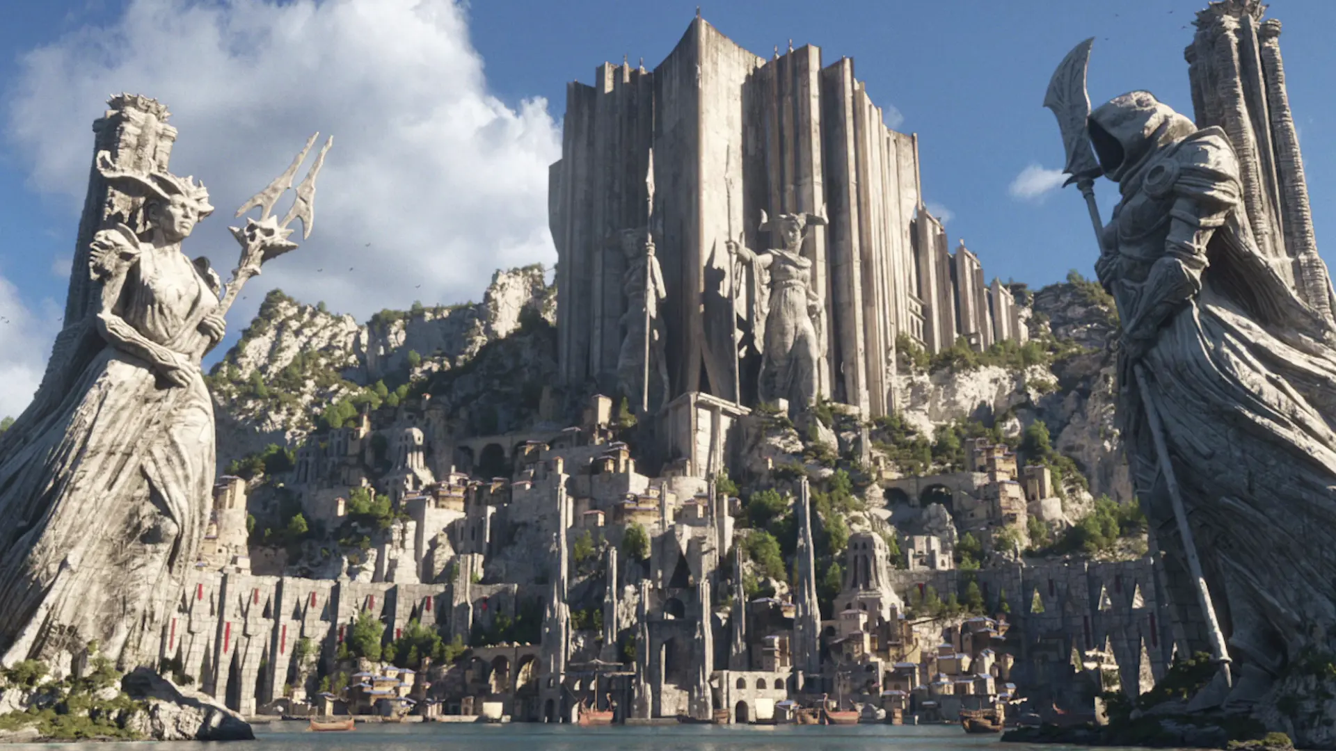Skovos city in Diablo 4 Lord of Hatred showing Mediterranean architecture and giant Amazon statues