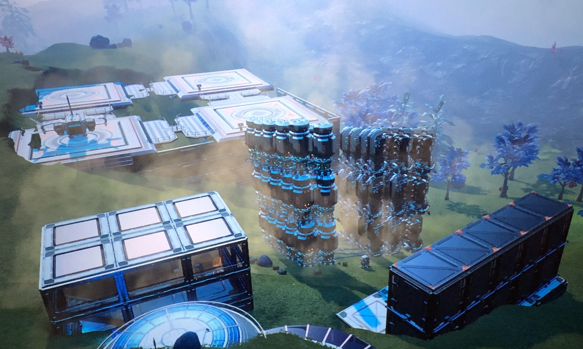 No Mans Sky Activated Indium mining base with extractors and storage silos