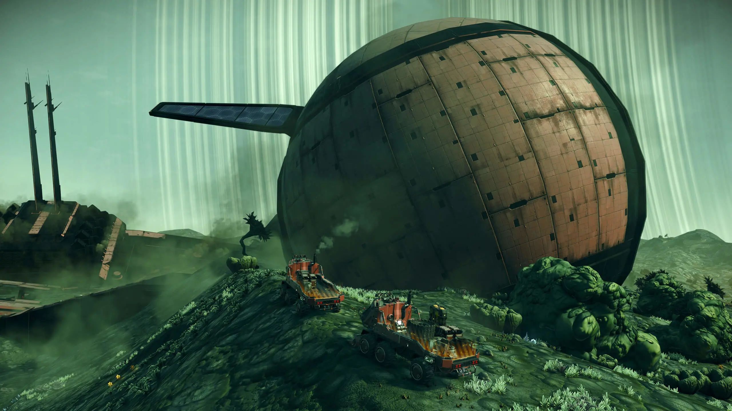 No Mans Sky Remnant update scene with exocraft exploring a green alien moon