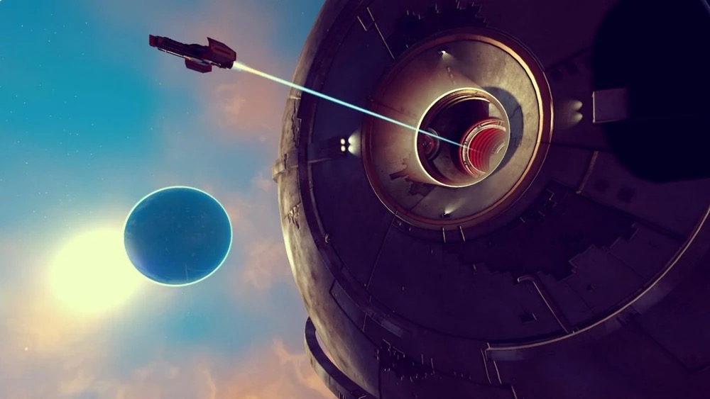 No Man's Sky Space Anomaly exterior with a starship approaching the spherical station
