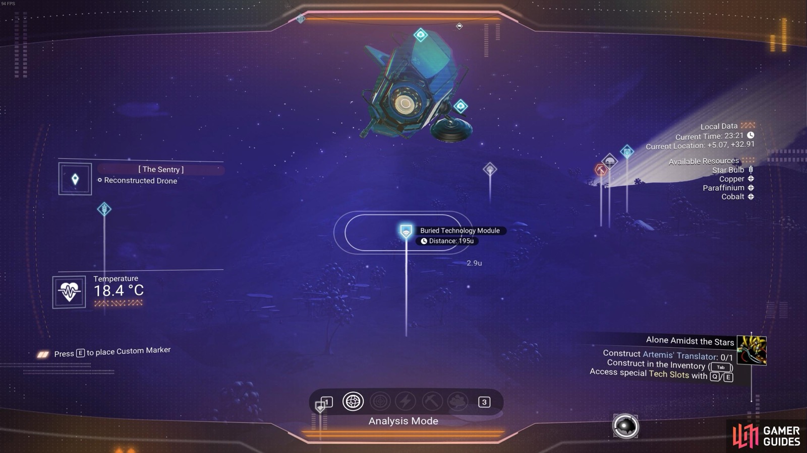 No Man's Sky Analysis Visor highlighting a Buried Technology Module for Salvaged Data farming