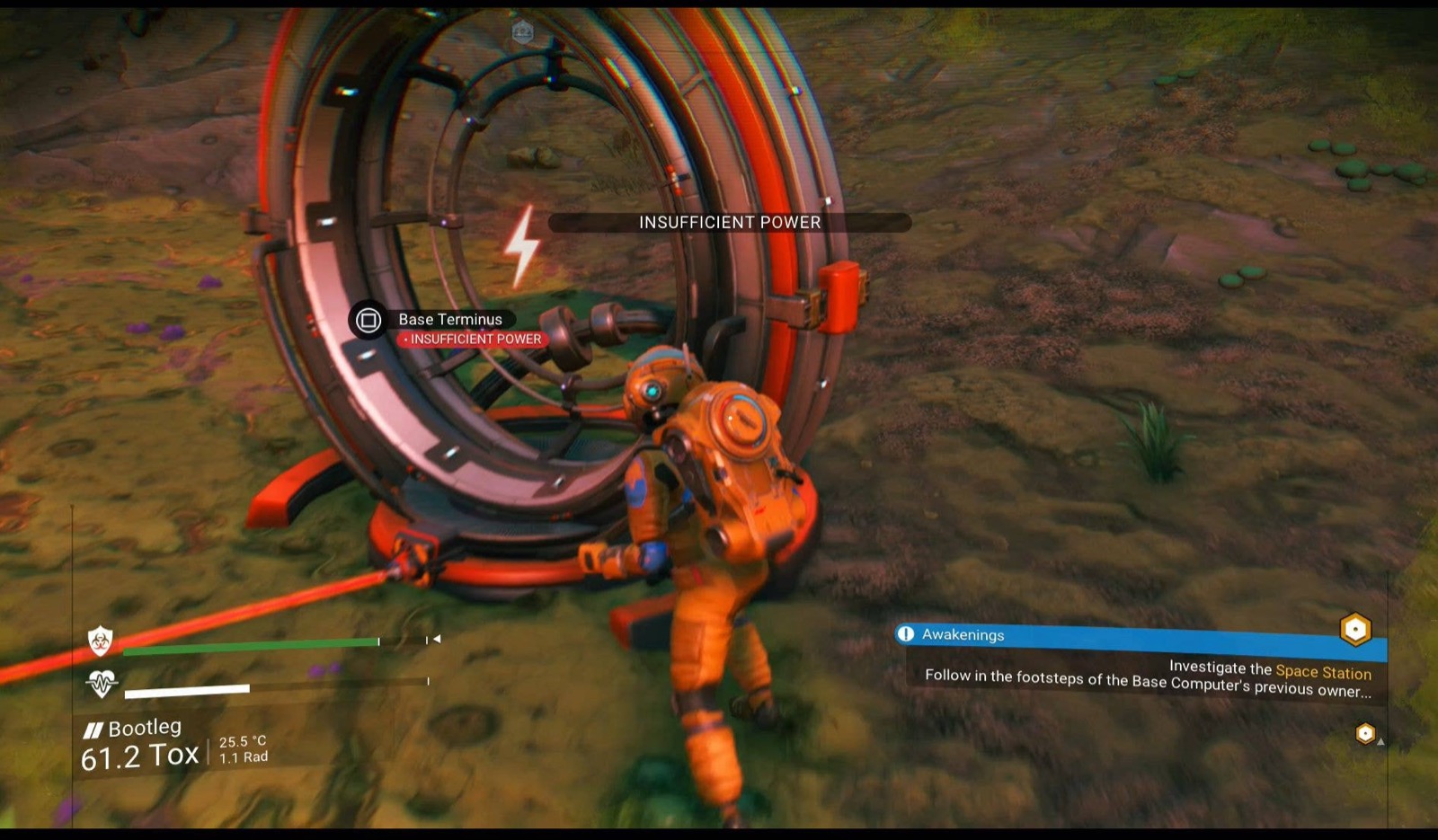 No Man's Sky Base Terminus showing Insufficient Power warning, illustrating Tier 1 priority blueprints