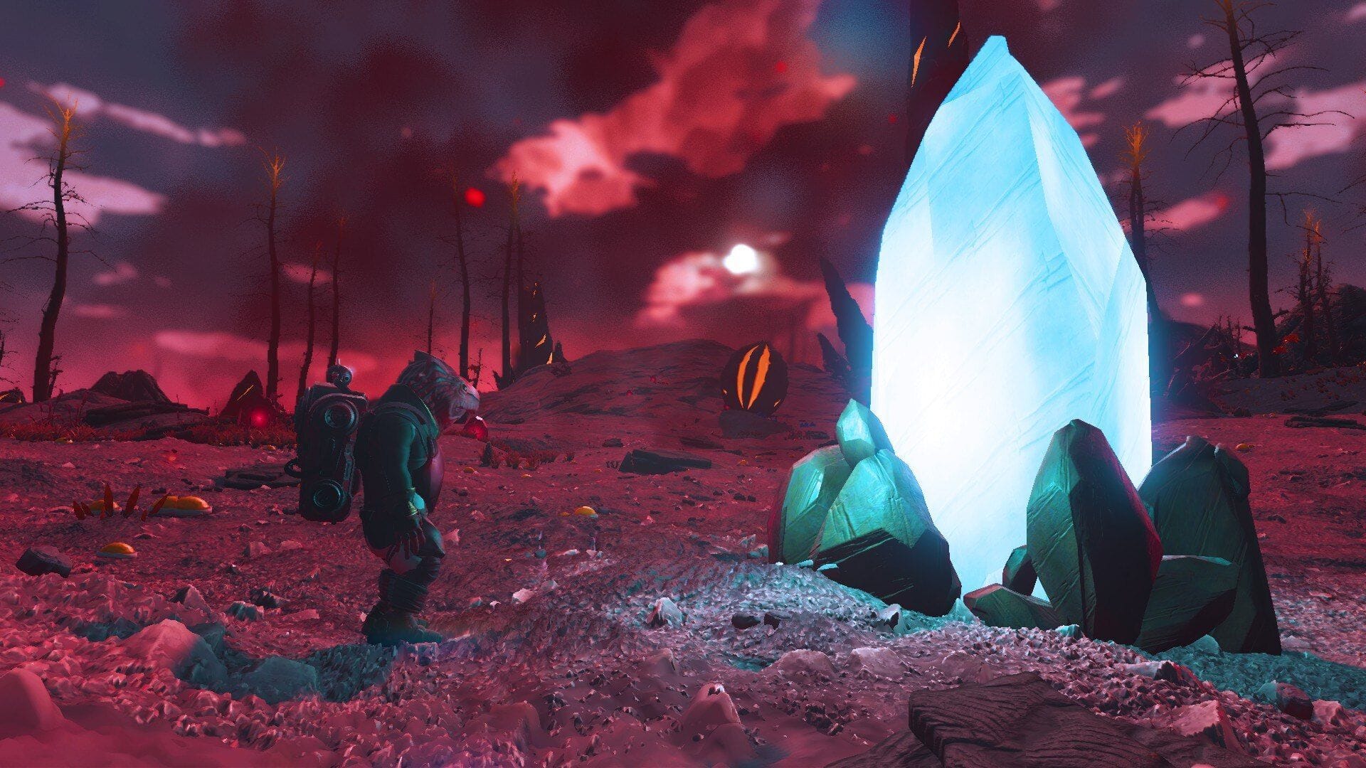 No Mans Sky Traveler approaching a Storm Crystal on a red extreme weather planet