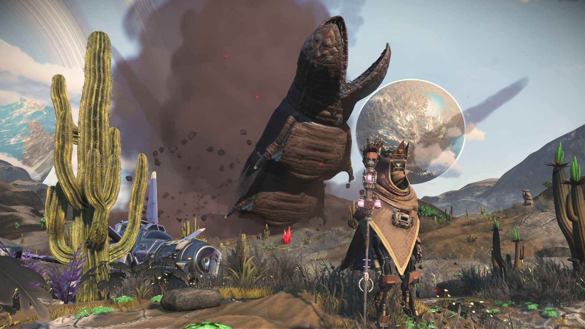 No Mans Sky alien race scene with a Traveller-style figure on a planet, illustrating the four sentient races in the No Mans Sky storyline