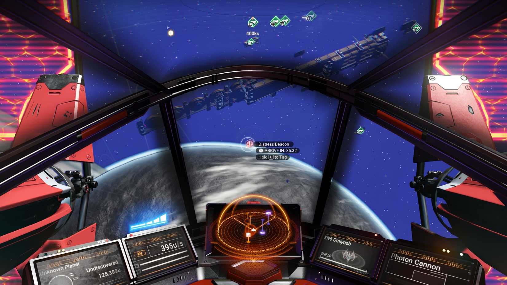 No Mans Sky cockpit view tracking a Distress Beacon, the first hook of the Artemis Path storyline
