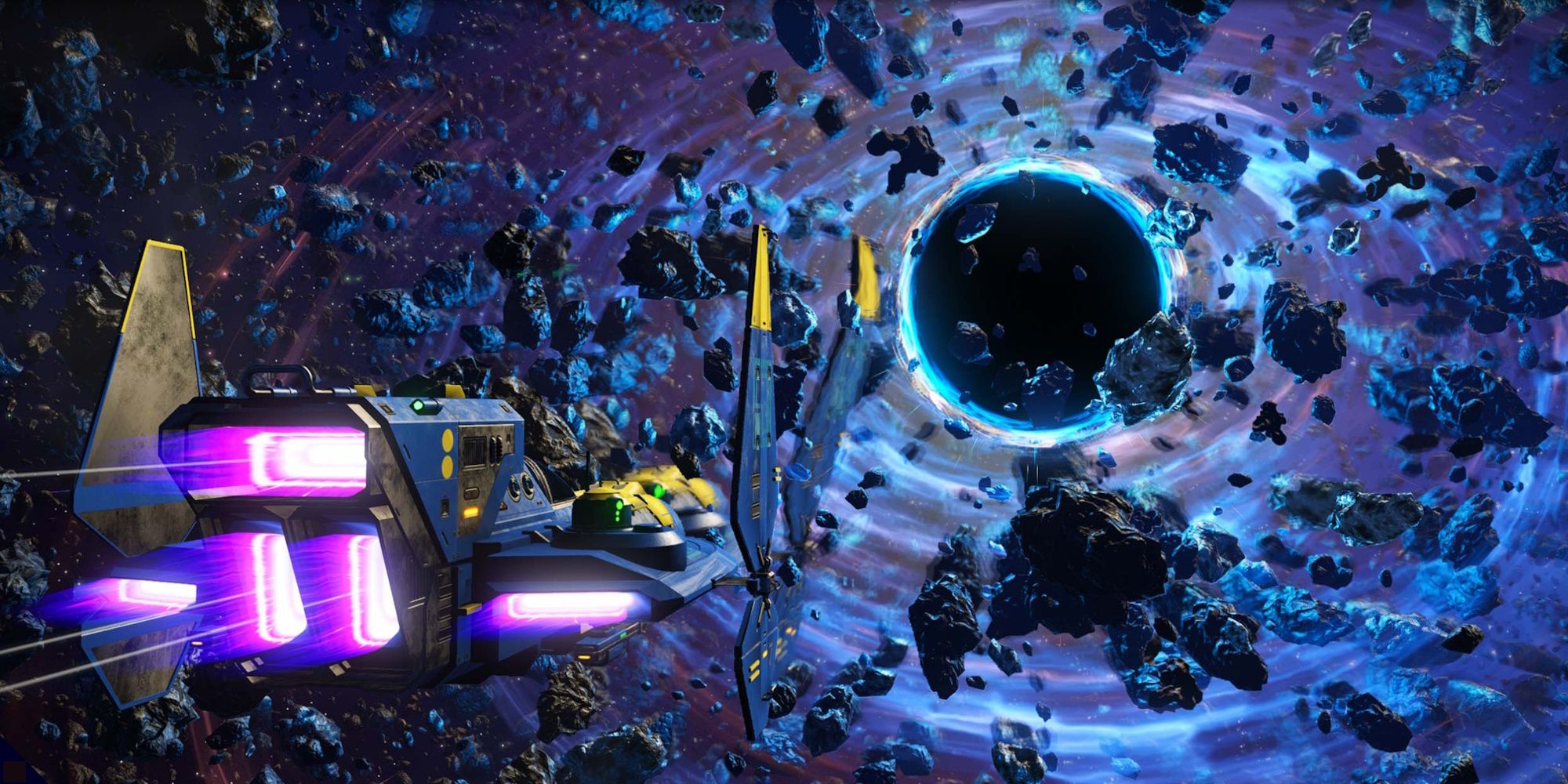 No Mans Sky starship approaching a black hole on the way to the galactic core for The Purge