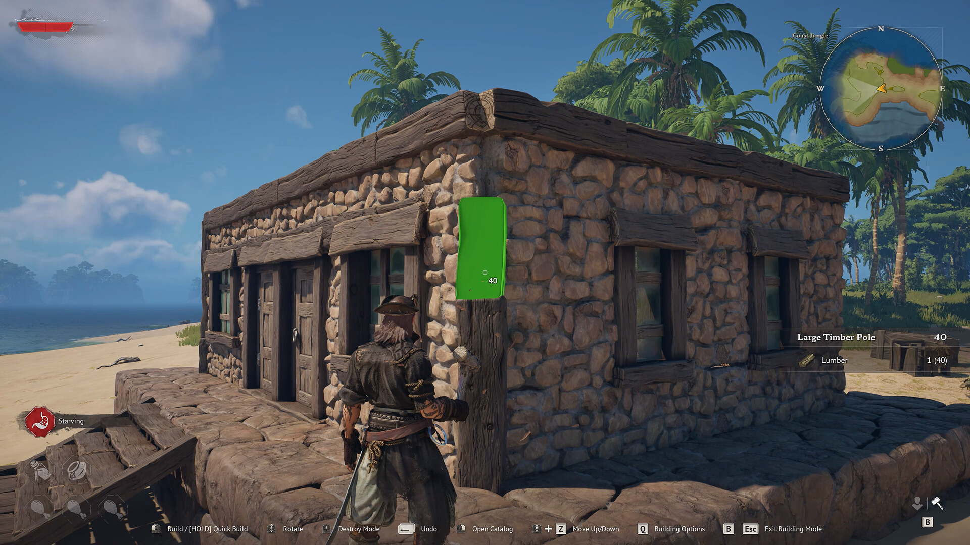 Windrose base building mode showing stone structure construction on a tropical beach